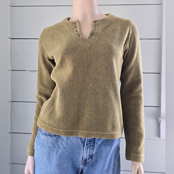Vintage 90's  Hi-Time Olive Green  Fuzzy Knit Pullover Sweater Grommet Detail - Picture 2 of 5